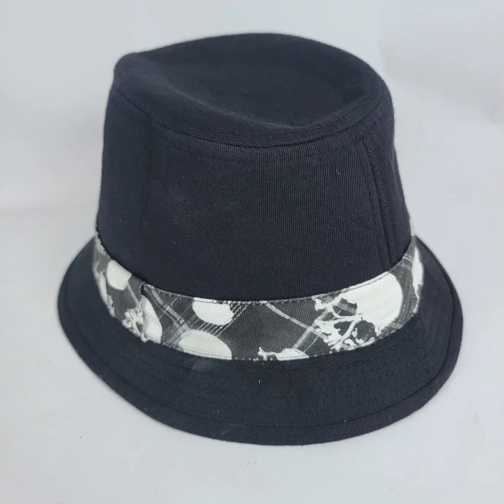 Mens Black Short‎ Brimmed Fedora Hat Cap Edgy Punk Skull Androgynous
